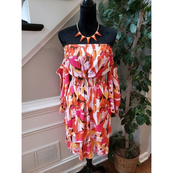 Forever 21 Fit & Flare Dress Women 0X Multi Pleated Off the Shoulder Bell Sleeve - Picture 10 of 16